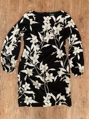 Lauren Ralph Lauren Black Dress with Cream Floral Print - Midi Long Sleeve